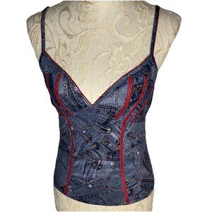 Vintage Fredericks of Hollywood sz M Camisole Top Jean Denim Print Peak a Boo